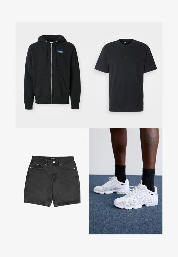 Fekete zipzáras kapucnis pulóver elől zsebekkel, állítható kapucnival és kis kék Nike logóval, benne "Athletic Dept Just Do It" felirattal a mellkason.; Fekete pamut póló Nike márkájú, klasszikus, kerek nyakú, rövid ujjú, és letisztult, dombornyomott logóval a mellkason. Simább textúra.; Fekete farmer rövidnadrág egyenes szabással, öt zsebbel és gombos záródással. Apró varrási részletek és texturált anyag jellemzi.; Fehér sportcipők hálós felsőrésszel, textúrázott díszítésekkel és párnázott talppal. Párban fekete bordázott bokazoknival egy kék szőnyeggel borított felületen.