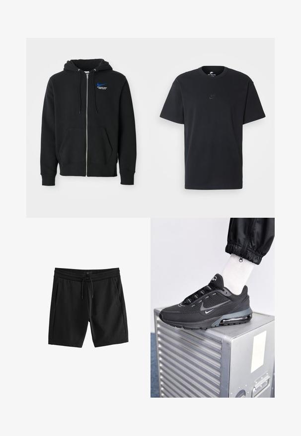 Sweat-shirt noir zippé avec poches avant, capuche avec cordons, et petit logo Nike bleu avec le texte "Athletic Dept Just Do It" sur la poitrine.; T-shirt en coton noir Nike avec un col rond classique, des manches courtes et un logo embossé subtil sur la poitrine. Texture lisse.; Shorts de sport noirs en mélange de coton doux, avec une taille élastique à cordon de serrage et deux poches latérales.; Nike Sportswear PULSE - Baskets basses - black/anthracite