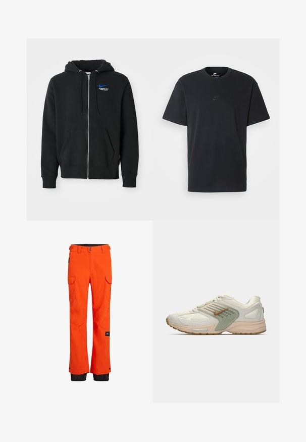 Juodas zip-up džemperis su priekinėmis kišenėmis, gobtuvu su raišteliais ir mažuoju mėlynu Nike logotipu bei "Athletic Dept Just Do It" tekstu ant krūtinės.; Juodas medvilninis Nike marškinėliai su klasikinėmis apykaklėmis, trumpomis rankovėmis ir subtiliu, įspaustu logotipu ant krūtinės. Sklandus tekstūra.; Oranžinės slidinėjimo kelnės su vandeniui atsparia medžiaga, turinčios kelis krovinių kišenes ir juodos spalvos akcentus apačioje, kad būtų užtikrintas patvarumas.; Žemų sportinių batelių beigi spalvos su šviesiai žaliu šoniniu paneliu, balto tinklo viršumi, rudos spalvos Nike swoosh logotipu ir beigi spalvos padu su matoma oro pagalve.