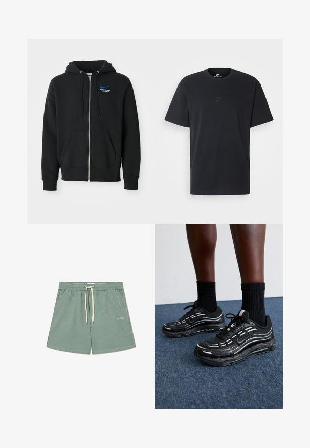 Hanorac negru cu fermoar, dotat cu buzunare frontale, glugă cu sireturi și un mic logo Nike albastru cu textul "Departamentul Athletic Just Do It" pe piept.; Tricou din bumbac negru Nike, cu guler rotund clasic, mâneci scurte și un logo subtil embosat pe piept. Textură netedă.; Pantaloni scurți de baie cu dungi verzi și albe, dotati cu un brâu elastic, șnur reglabil și un detaliu mic cu logo în partea stângă jos.; Pantofii negri Nike au un superior din plasă cu dungi accentuate, șireturi texturate și o talpă din cauciuc negru. Purtați cu șosete negre cu model rib.