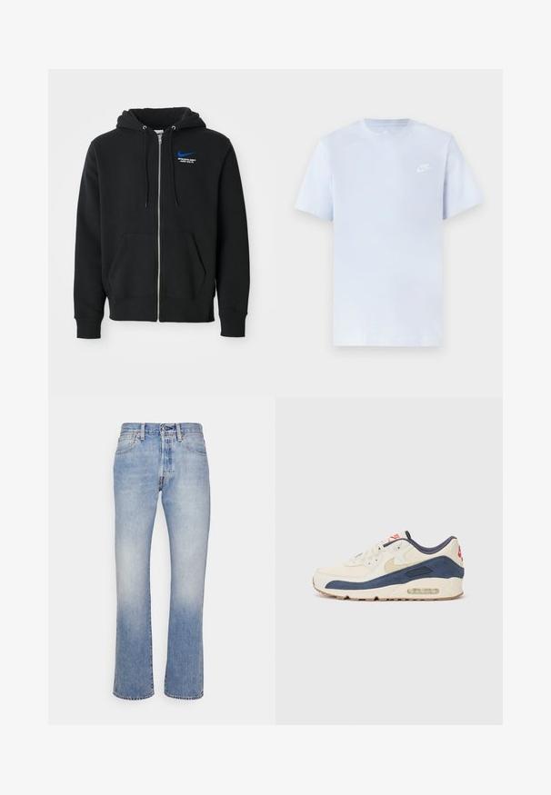 Sudadera negra con cremallera y bolsillos frontales, capucha con cordones y pequeño logo azul de Nike con el texto "Athletic Dept Just Do It" en el pecho.; Camiseta de algodón de color azul claro con mangas cortas, cuello redondo y un logo blanco de Nike impreso en el pecho izquierdo. Textura suave, diseño sencillo.; Jeans de mezclilla azul claro con corte recto, cinco bolsillos, herrajes metálicos y un desvanecimiento sutil. El dobladillo está ligeramente deshilachado.; Zapatillas con parte superior de cuero crema y gamuza azul marino, que presentan una suela de aire visible, suela de goma beige y un acento rojo en el talón.