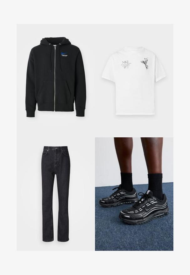 Svart hettegenser med glidelås, frontlommer, hette med snor, og liten blå Nike-logo med teksten "Athletic Dept Just Do It" på brystet.; Hvit bomull t-skjorte med svart grafisk trykk av en bevinget figur og tekst, med rund hals og korte ermer.; Høytlivte svarte denimjeans med knappe- og glidelås-lukking, front- og baklommer, og rett ben-passform.; Sorte Nike-sko har en mesh-overdel med aksentstriper, teksturert snøring og en svart gummisåle. Brukt med svarte ribbede sokker.