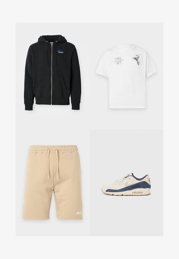 Sudadera negra con cremallera y bolsillos frontales, capucha con cordones y pequeño logo azul de Nike con el texto "Athletic Dept Just Do It" en el pecho.; Camiseta blanca de algodón con un estampado gráfico negro de una figura alada y texto, con cuello redondo y mangas cortas.; Pantalones cortos de algodón beige con cintura elástica, detalle de cordón y un pequeño logo blanco en la parte inferior izquierda. Textura suave.; Zapatillas con parte superior de cuero crema y gamuza azul marino, que presentan una suela de aire visible, suela de goma beige y un acento rojo en el talón.