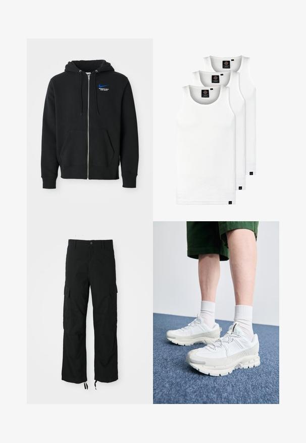 Zwarte zip-up hoodie met voorzakken, capuchon met trekkoord en een klein blauw Nike-logo met de tekst "Athletic Dept Just Do It" op de borst.; Drie witte geribde tanktops van katoen. Kenmerken zijn een ronde hals en kleine zwarte labels nabij de zoom. Verkrijgbaar in meerdere maten.; Zwarte cargobroek van duurzaam materiaal, voorzien van twee zijzakken, een knoopsluiting en verstelbare onderranden voor een losse, comfortabele pasvorm.; Witte sportieve schoenen met textuuroverlays, een dikke zool en grijze accenten. Draag ze met witte crew-sokken en groene shorts op een blauwe ondergrond.