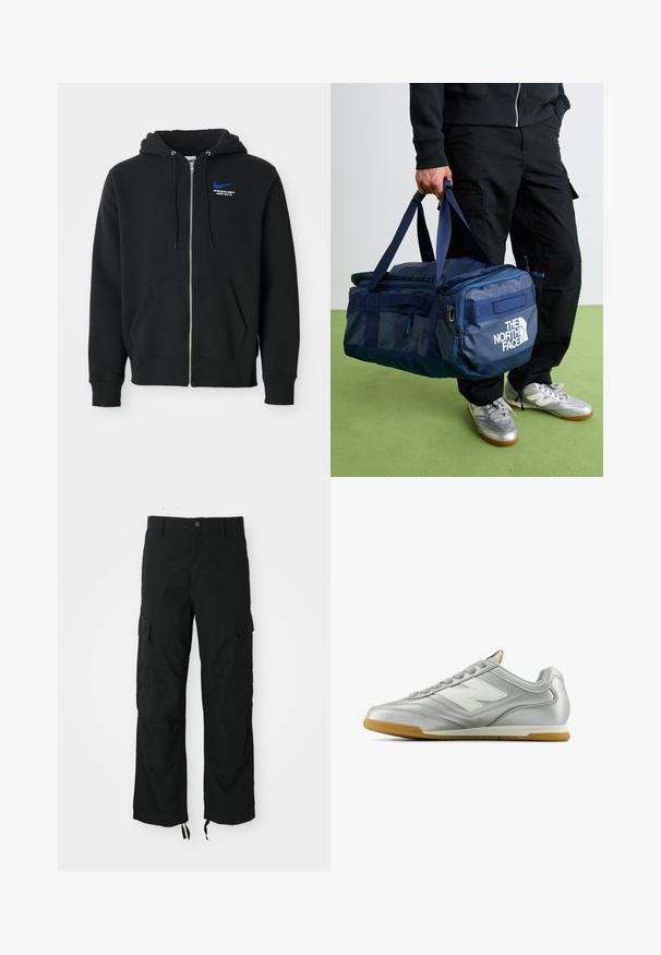 Schwarze Zip-Up-Hoodie mit frontalen Taschen, Kapuze mit Kordelzügen und kleinem blauen Nike-Logo mit dem Text "Athletic Dept Just Do It" auf der Brust.; Weißes T-Shirt mit kurzen Ärmeln und einem kleinen schwarzen Dreieckslogo mit "acg" auf der linken Brust, einfarbiger Hintergrund.; Schwarze Cargo-Hosen aus strapazierfähigem Material, mit zwei Seitentaschen, einem Knopfverschluss und verstellbaren Säumen für eine lockere, relaxten Passform.; Silberner Sportschuh mit einer glatten, glänzenden Oberfläche, weißem Logo an der Seite, strukturierten grauen Schnürsenkeln und einer Sohle aus Gummi.; Person in schwarzer Hose und silbernen Sneakers, die eine blaue The North Face Reisetasche an den Griffen gegen einen grünen Boden trägt.