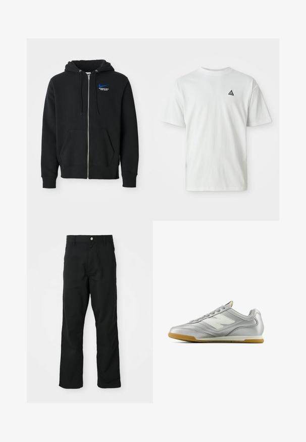Felpa nera con zip, tasche frontali, cappuccio con cordini e piccolo logo blu Nike con testo "Athletic Dept Just Do It" sul petto.; T-shirt bianco a maniche corte con un piccolo logo a triangolo nero che contiene "acg" sul petto sinistro, sfondo semplice.; Pantaloni neri a gamba dritta con chiusura a bottone e cerniera, passanti per cintura e tasche laterali, esposti su uno sfondo bianco.; Scarpa sportiva argentata con una superficie liscia e lucida, logo bianco di lato, lacci grigi con texture e suola in gomma.