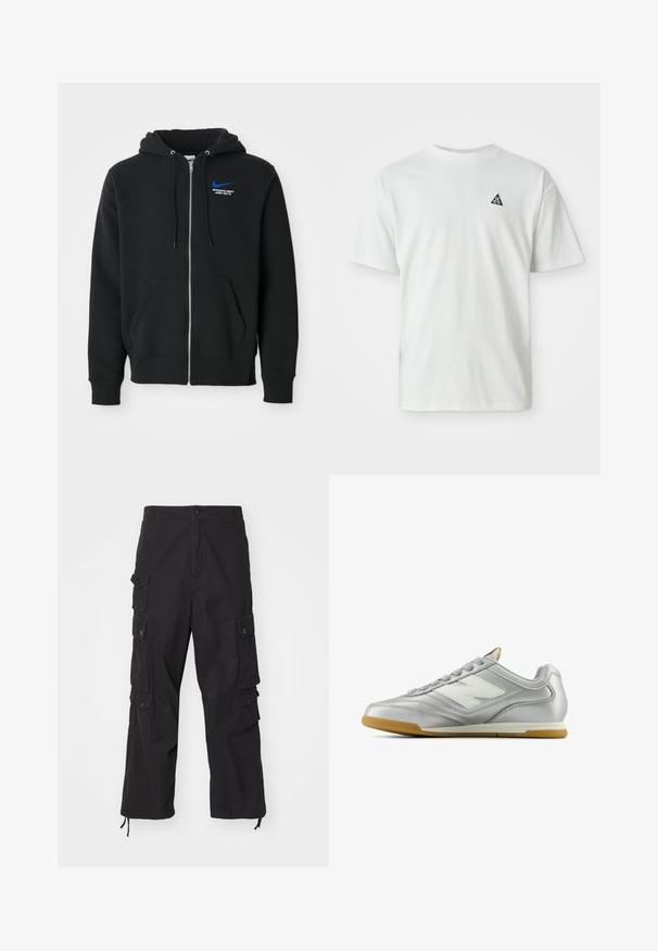 Black zip-up hoodie with front pockets, hood with drawstrings, and small blue Nike logo with "Athletic Dept Just Do It" text on chest.; White short-sleeve T-shirt with a small black triangle logo containing "acg" on the left chest, plain background.; Carhartt WIP TRACKER PANT - Cargo trousers - black; Silver athletic shoe with a smooth, shiny surface, white logo on the side, textured gray laces, and a gum rubber sole.