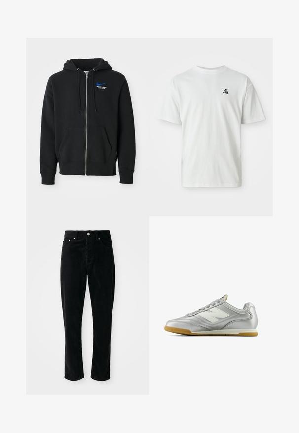 Sort zip-up hoodie med frontlommer, hætte med snoretræk, og lille blå Nike-logo med teksten "Athletic Dept Just Do It" på brystet.; Hvid T-shirt med korte ærmer og et lille sort trekantet logo, der indeholder "acg" på venstre bryst, enkel baggrund.; Sorte fløjlsprede bukser med høj talje, lige ben, fem lommer og sølvhardware, der har et struktureret ribbet mønster over det hele.; Sølv atletiksko med en glat, skinnende overflade, hvidt logo på siden, teksturerede grå snørebånd og en gummigummisål.