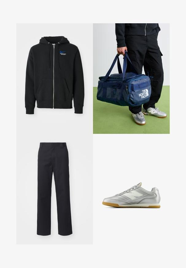 Čierna mikina na zips s prednými vreckami, kapucňou so šnúrkami a malým modrým logom Nike s textom "Athletic Dept Just Do It" na hrudi.; Biele tričko s krátkym rukávom a malým čiernym trojuholníkovým logom s nápisom "acg" na ľavej hrudi, na jednoduchom pozadí.; Čierne nohavice s rovnými nohavicami vyrobené z kombinácie bavlny. Majú plochý pás s pútkami na opasok a žiadne viditeľné kovania ani ozdoby.; Strieborná atletická topánka s hladkým, lesklým povrchom, bielym logom na boku, štruktúrovanými šedými šnúrkami a gumovou podrážkou.; Osoba v čiernych nohaviciach a strieborných teniskách nesie modrú tašku The North Face pod pazuchou na zelenú podlahu.
