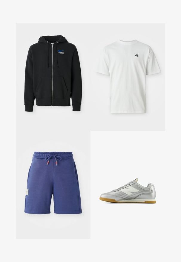 Melns zipa kapuce ar priekšējiem kabatām, kapuci ar auklām un mazu zilu Nike logotipu ar tekstu "Athletic Dept Just Do It" uz krūtīm.; Balts īsās piedurknes T-krekls ar mazu melnu trīsstūra logotipu, kurā ir "acg", uz kreisā krūšu. Vienkāršs fons.; Tums zilas sporta bikses ar elastīgu jostasvietu, auklu akcentiem un sānu kabatām. Izgatavotas no mīksta auduma ar gludu tekstūru.; Sudraba sporta apavi ar gludu, spīdīgu virsmu, balto logo sānos, teksturētām pelēkajām šņorēm un gumijas zoli.