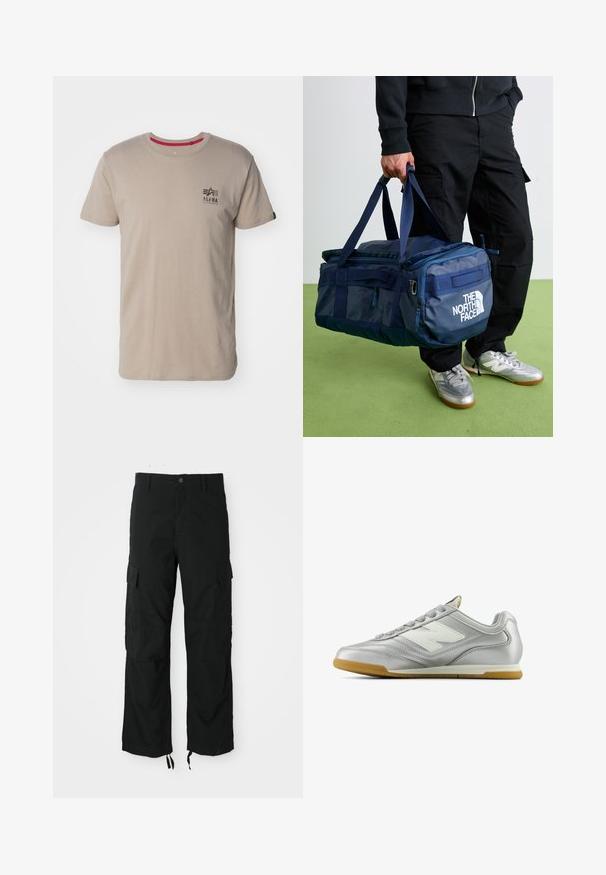 Melns zipa kapuce ar priekšējiem kabatām, kapuci ar auklām un mazu zilu Nike logotipu ar tekstu "Athletic Dept Just Do It" uz krūtīm.; Beidzis kokvilnas T-krekls ar apaļu apkakli un īsām piedurknēm. Izcili akcenti ietver melnu logo uz krūšu khu un sarkanu iekšējo apkakli.; Melnas kravas bikses, izgatavotas no izturīgas auduma, ar diviem sānu kabatām, pogu aizdari un regulējamiem hieroglifiem, lai nodrošinātu brīvu, relaksētu piegriezumu.; Sudraba sporta apavi ar gludu, spīdīgu virsmu, balto logo sānos, teksturētām pelēkajām šņorēm un gumijas zoli.; Cilvēks melnās biksēs un sudraba kedās, turēt zilu The North Face sporta somu pie rokturiem uz zaļā grīdas.