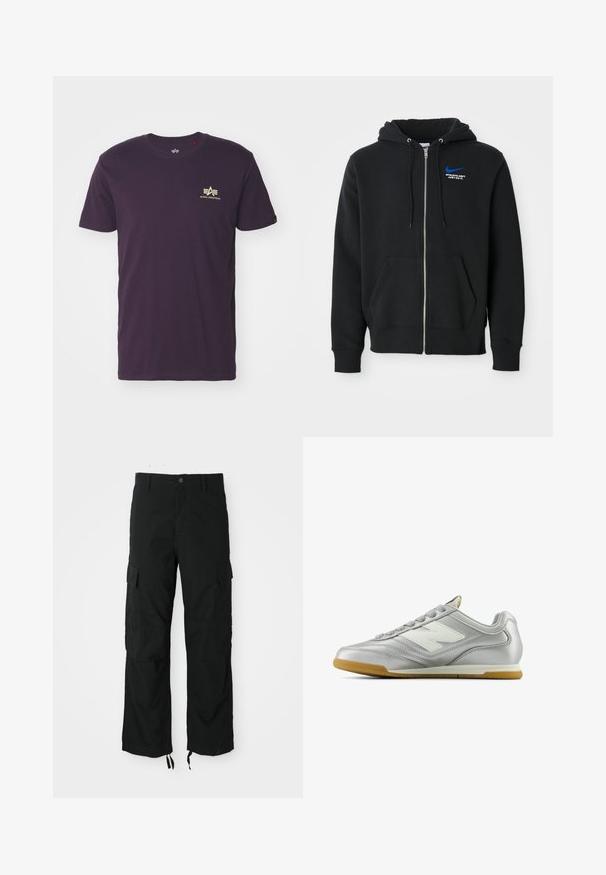 Must-pruun tõmblukuga kapuutsiga jakki, esikottidega, kapuuts tõmblukkide ja väikese sinise Nike logo ning "Athletic Dept Just Do It" tekstiga rinna peal.; Lilla puuvillane T-särk, millel on ümar kaelus, lühikesed varrukad ja kuldne logo tiibadega vasakul ülanurgas. Pehme tekstuur, juhuslik disain.; Mustad lossi püksid, mis on valmistatud vastupidavast kangast, esitavad kaks külgtaskut, nööbiklapi ja reguleeritavad paelad vaba, lõdva istuvuse jaoks.; Hõbedane spordijalats sileda, läikiva pinnaga, valge logo küljes, tekstuuriga hallid paelad ja kummist soe põhi.