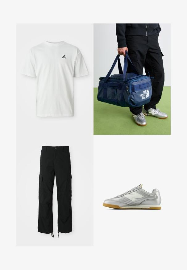 Sudadera negra con cremallera y bolsillos frontales, capucha con cordones y pequeño logo azul de Nike con el texto "Athletic Dept Just Do It" en el pecho.; Camiseta blanca de manga corta con un pequeño logo negro en forma de triángulo que contiene "acg" en el lado izquierdo del pecho, fondo liso.; Pantalones cargo negros hechos de tela durable, con dos bolsillos laterales, cierre de botón y dobladillos ajustables para un ajuste suelto y relajado.; Zapatilla deportiva plateada con una superficie suave y brillante, logotipo blanco en el lateral, cordones texturizados en gris y suela de goma.; Persona con pantalones negros y zapatillas plateadas, llevando una bolsa de deportes azul de The North Face por sus asas sobre un suelo verde.