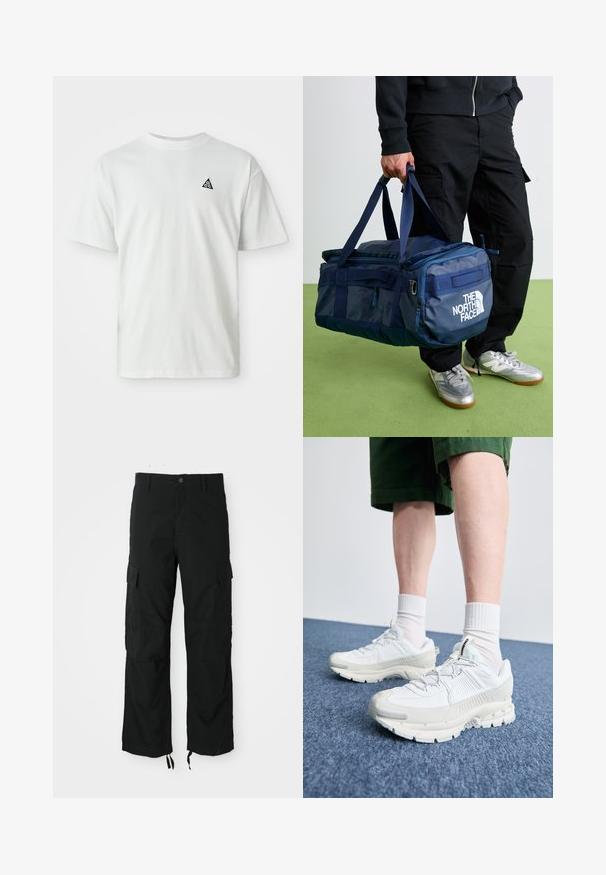 Sweatshirt preto com fecho éclair, bolsos frontais, capuz com cordões, e pequeno logótipo azul da Nike com o texto "Athletic Dept Just Do It" no peito.; Camiseta branca de manga curta com um pequeno logótipo triangular preto contendo "acg" no lado esquerdo do peito, fundo simples.; Calças cargo pretas feitas de um tecido durável, com dois bolsos laterais, fecho com botão e bainhas ajustáveis para um ajuste solto e descontraído.; Sapatos atléticos brancos com sobreposições texturizadas, sola espessa e detalhes em cinza. Usados com meias brancas até ao tornozelo e calções verdes sobre uma superfície azul.; Pessoa de calças pretas e ténis prateados a segurar uma mala de duffel azul da The North Face pelas alças, em cima de um chão verde.