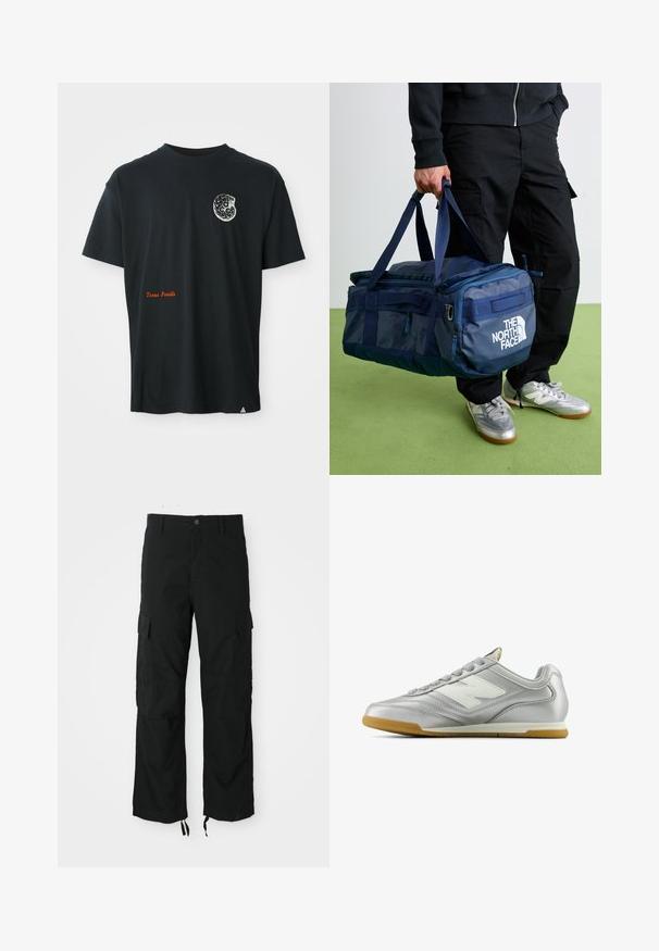 Fekete zipzáras kapucnis pulóver elől zsebekkel, állítható kapucnival és kis kék Nike logóval, benne "Athletic Dept Just Do It" felirattal a mellkason.; Fekete rövid ujjú póló, melyen egy kis fehér fosszília grafika található a mellrészen, és narancssárga "Texas Fossils" felirat a bal alsó részen.; Fekete cargo nadrág tartós szövetből, két oldalsó zsebével, gombos záródással és állítható szárakkal a laza, kényelmes illeszkedésért.; Ezüst sportcipő sima, fényes felülettel, fehér logóval az oldalon, texturált szürke fűzőkkel és rágógumi talppal.; Fekete nadrágot és ezüst színű sportcipőt viselő személy, aki a kezénél fogva egy kék The North Face sporttáskát tart a zöld padló ellen.