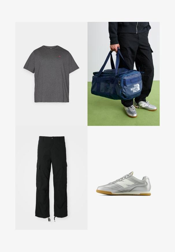Felpa nera con zip, tasche frontali, cappuccio con cordini e piccolo logo blu Nike con testo "Athletic Dept Just Do It" sul petto.; Levi's® Plus BIG ORIGINAL TEE - T-shirt basic - dark charcoal heather; Pantaloni cargo neri realizzati in tessuto resistente, dotati di due tasche laterali, chiusura con bottone e orli regolabili per una vestibilità ampia e comoda.; Scarpa sportiva argentata con una superficie liscia e lucida, logo bianco di lato, lacci grigi con texture e suola in gomma.; Persona in pantaloni neri e sneakers argentati che porta una borsa a tracolla blu di The North Face per manici, su un pavimento verde.