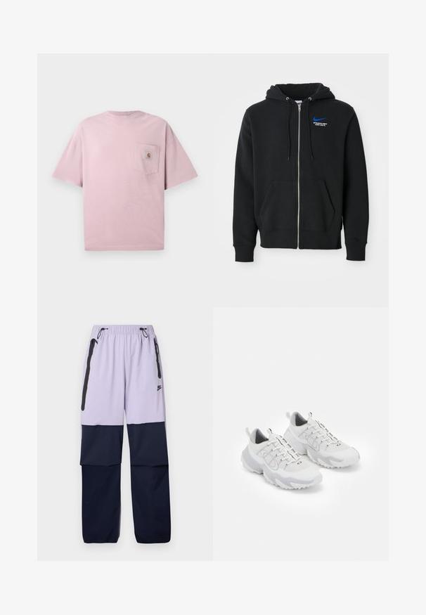 Sweatshirt preto com fecho éclair, bolsos frontais, capuz com cordões, e pequeno logótipo azul da Nike com o texto "Athletic Dept Just Do It" no peito.; T-shirt de algodão rosa claro com decote redondo, mangas curtas e um bolso frontal à esquerda com um patch de logo. Textura suave.; Calças Nike roxas e azul-marinho com cintura elástica, cordão, bolsos laterais com fecho e um design em blocos de cor. Feitas de tecido leve.; Sapatilhas brancas com parte superior em malha, acentos cinzentos, sola de borracha texturizada e alça no calcanhar; apresentam um design com atacadores.