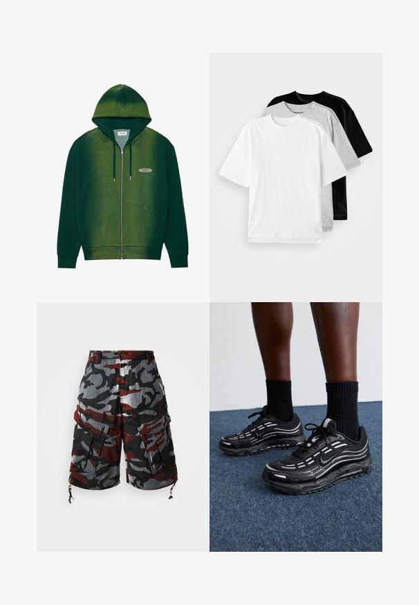 Green zip-up hoodie with a gradient design, made of soft fabric. Features a hood, front pockets, and a small logo on the chest.; Three short-sleeve T-shirts in white, gray, and black. Each has a classic crew neckline and a smooth, cotton-like texture.; Camo cargo shorts in red, black, and gray fabric. Features multiple pockets, adjustable drawstring hems, and a relaxed fit design.; Black Nike shoes feature a mesh upper with accent stripes, textured lacing, and a black rubber sole. Worn with black ribbed socks.
