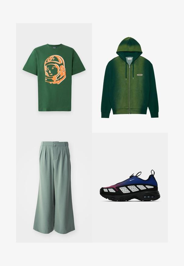 Casaco com fecho éclair verde com um design em degradê, feito de tecido suave. Apresenta capuz, bolsos frontais e um pequeno logótipo no peito.; T-shirt de algodão verde com uma grande ilustração de um astronauta laranja na frente, com mangas curtas e um corte relaxado.; Calças largas em tecido verde suave e discreto. Apresentam pregas frontais, um ajuste descontraído e uma textura suave. Sem bolsos ou acessórios visíveis.; Sapatilhas Nike com um design em degradê em tons de roxo e azul, parte superior em sintético, detalhes brancos perfurados e sola em borracha preta.