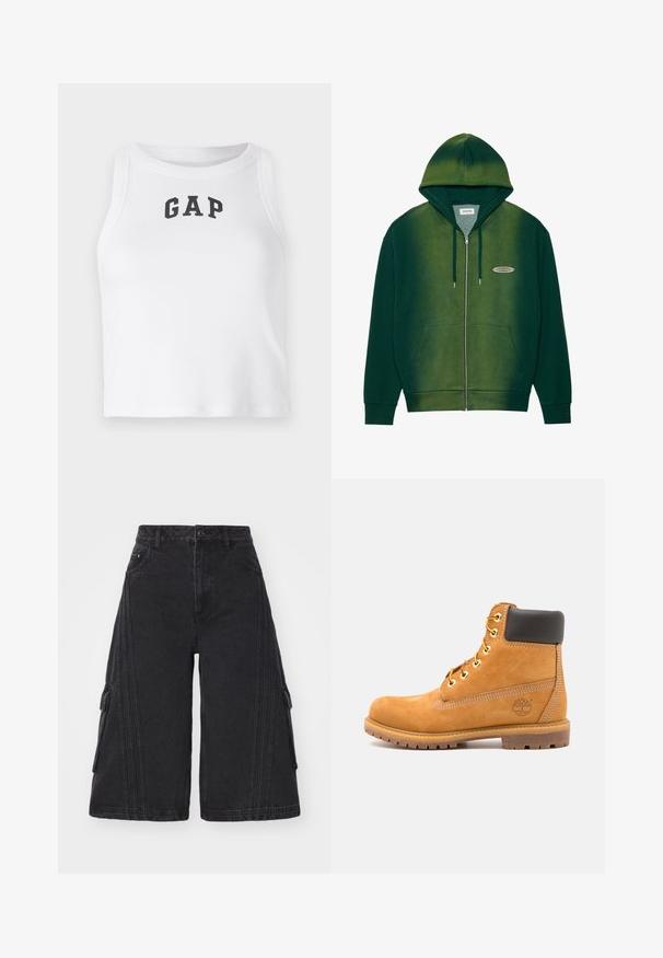 Green zip-up hoodie with a gradient design, made of soft fabric. Features a hood, front pockets, and a small logo on the chest.; White sleeveless crop top made of ribbed fabric featuring a black "GAP" logo on the front. Rounded neckline with clean seams.; adidas Originals CAPRI - Denim shorts - black; Brown leather ankle boot with black padding, gold eyelets, and a textured sole. Features a circular logo on the side and stitching accents.