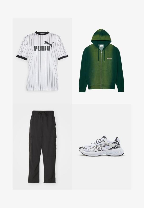 Groene rits hoodie met een verloopontwerp, gemaakt van zachte stof. Heeft een capuchon, voorzakken en een klein logo op de borst.; Witte jersey shirt met zwarte verticale strepen, zwarte kraag en mouwen. Heeft een groot zwart "PUMA"-logo op de voorkant met een puma-silhouet.; Zwarte cargobroek met een elastische tailleband en een trekkoord. Voorzien van twee zijzakken en gemaakt van een soepele, lichte stof.; Witte sportieve sneaker met zwarte accenten. Bovenwerk van mesh en synthetisch materiaal, dikke zool en gebogen ontwerp. Voorzien van een vetersluiting en logo-details.