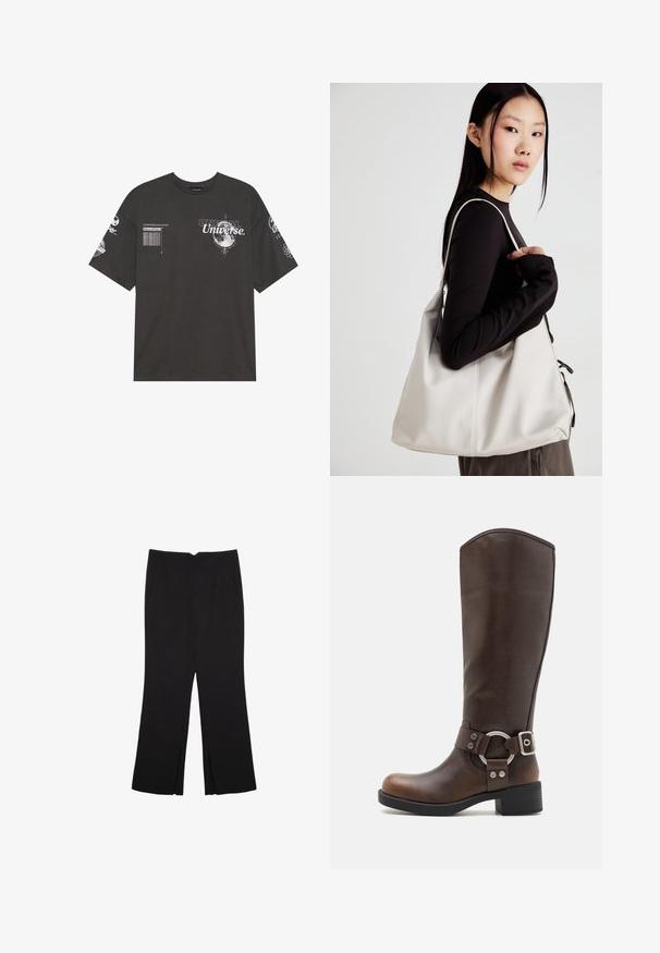 Beige strikket cardigan med lange ærmer, V-hals, ribbede manchetter og kant, samt to dekorative sølvfarvede bueformede knapper.; Sort bomulds T-shirt med korte ærmer, rund hals, trykte grafikker inklusive tekst og månemotiver på fronten og ærmerne.; Sorte bukser med lige pasform, der har frontlommer og slidser i kanten. Lavet af blødt, glat stof. Velegnet til forskellige anledninger.; Brune læderknæhøje støvler med en rund metalhardwaredetalje og spænde. Let struktureret overdel, stablet hæl og rund tå-design.; Beige håndtaske lavet af blødt materiale med et slouchy design, stikninger og to skulderremme. Velegnet til daglig brug.