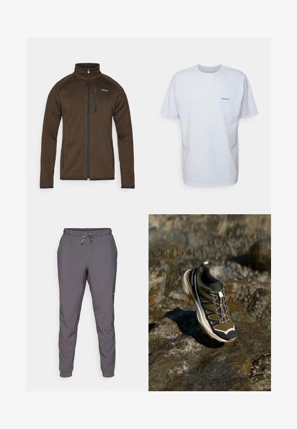 Ruda flisinė striukė su aukštu kaklu, pilnu užtrauktuku priekyje ir dviem šoninėmis kišenėmis. Ant viršutinio kairiojo krūtinės kampo yra mažas mėlynas "Patagonia" logotipas.; Balta medvilninė marškinėliai su trumpomis rankovėmis, apvaliu kaklu ir kairėje krūtinės pusėje esančia kišenėle, turinčia mėlyną "Patagonia" logotipą. Klasikinis siluetas su lygiu paviršiumi.; Pilkos, lengvos, elastingos juosmens kelnės su reguliuojama raišteliu; siaurėjančios kojos; glotni tekstūra; šone yra logotipo detalė.; Žygio batai olivų žalios ir juodos spalvos su rožiniais akcentais. Turi tekstūruotą viršutinę dalį, lankstų pado tipą, sustiprintą pirštų dalį ir spalvingą raištelių sistemą.