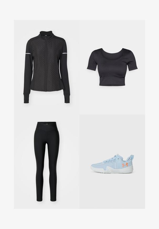 ONLY Play ONPTRACK WARM - Sweater met rits - black; Zwarte geribde cropped top met korte mouwen, brede ronde halslijn en een aansluitende band aan de onderkant. Zachte textuur, casual ontwerp.; Zwarte leggins van rekbaar materiaal, met een hoge, kruis-over tailleband en een aansluitend ontwerp. Glad oppervlak zonder zichtbare patronen of accenten.; Lichtblauwe sportschoen gemaakt van mesh-materiaal met een gestructureerde zool, voorzien van een oranje logo en vetersluiting.