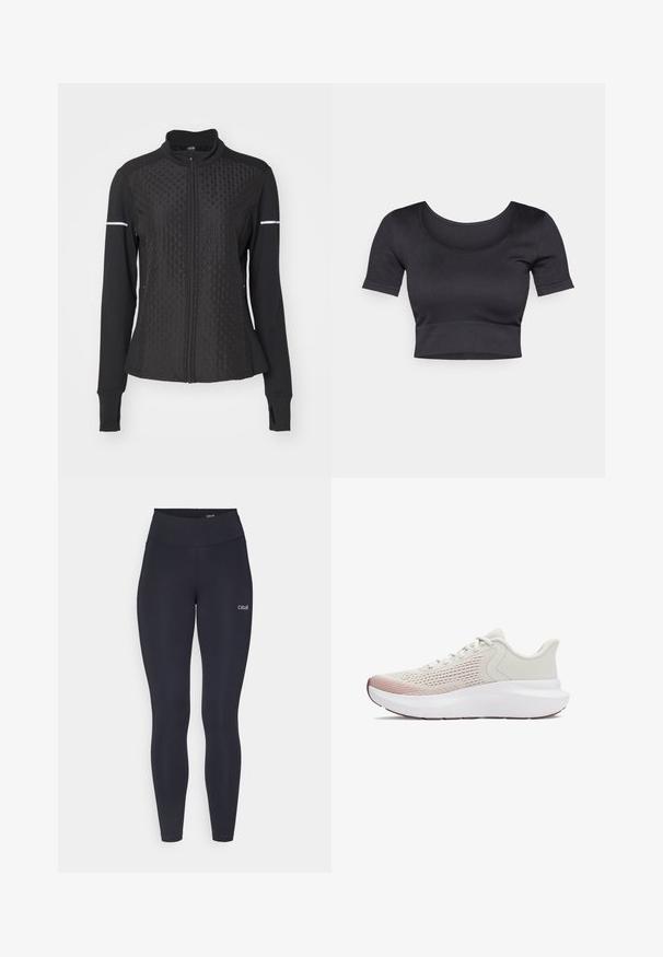 ONLY Play ONPTRACK WARM - Felpa con zip - black; Top corto a coste nero con maniche corte, scollatura rotonda ampia e fascia aderente nella parte inferiore. Tessuto morbido, design informale.; Leggings neri con vita alta, realizzati in tessuto elasticizzato, con un piccolo logo bianco sulla coscia e una texture liscia.; Scarpe sportive leggere con una tomaia in rete bianca traspirante, accenti rosa sfumati e una spessa suola bianca con dettagli testurizzati.