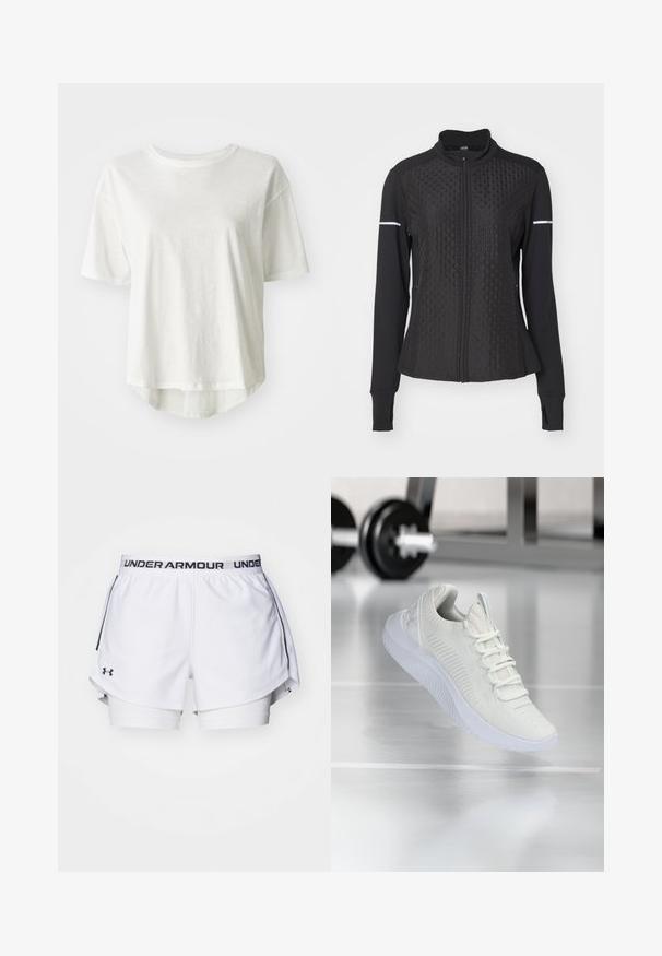 ONLY Play ONPTRACK WARM - Felpa con zip - black; T-shirt bianco a maniche corte, scollatura rotonda, materiale leggero, orlo posteriore leggermente più lungo, texture liscia con una leggera lucentezza.; Pantaloni sportivi bianchi con il logo Under Armour nero sulla vita. Presentano un design stratificato con una fodera interna e spacchi laterali per la mobilità.; Sneaker atletico bianco con tomaia in rete testurizzata e sistema di allacciatura, caratterizzato da una suola bianca ammortizzata e sottili accenti rigati.