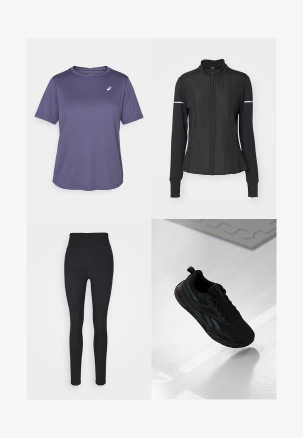 ONLY Play ONPTRACK WARM - Sweatjakke - black; Mørke lilla atletisk T-shirt, rund halsudskæring, korte ærmer, lavet af struktureret stof, med et lille hvidt logo på venstre brystområde.; Sorte leggings lavet af strækbart stof, med høj talje, ribbede paneler på siderne og et tætsiddende design, der tapers ved anklerne.; Sort atletiksko med en mesh-overdel, der har strukturerede accenter og en flad sål. Inkluderer tonal branding og en trækflap ved hælen.