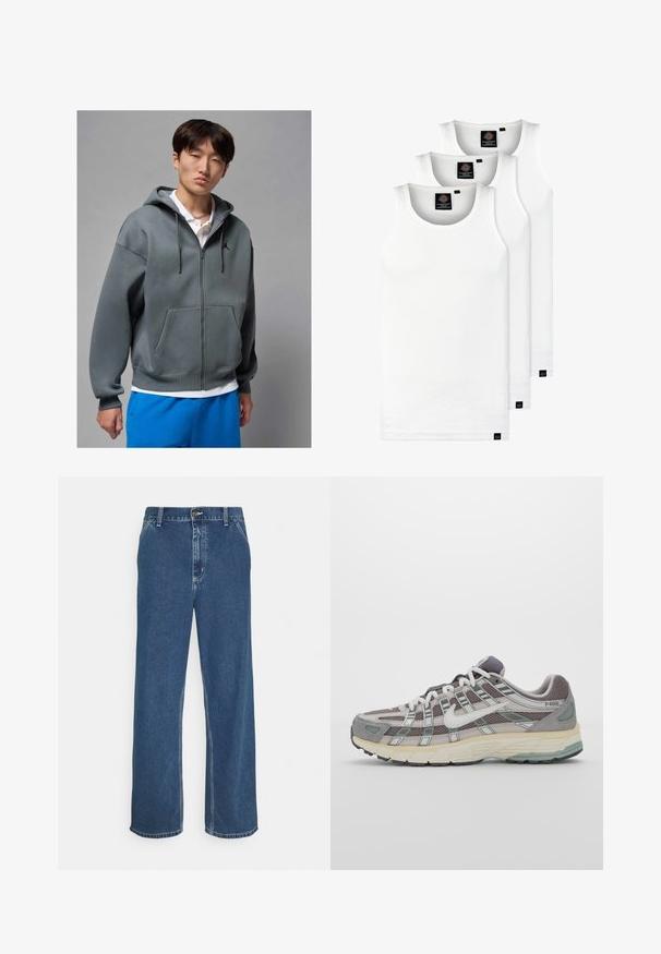 Grå dragkedjetröja med framficka, med en huva med snörning och svart logotyp. Bärs över en vit pikétröja och matchas med blå shorts.; Tre vita ribbade linnen i bomull. Har rund halsringning och små svarta etiketter vid fållen. Finns i flera storlekar.; Blå denimjeans med rak passform, femficksdesign, metallknäppning och synlig sömnad längs sömmarna och fållen.; Grå atletiska sko med en överdel av mesh och mocka, vita accenter, en vadderad sula och en unik design med reflekterande element.