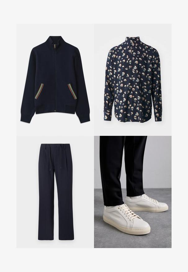 Tumes sinine tõmblukuga sviiter kõrge kraega, millel on kaks taskut, kaunistatud vikerkaare triipudega ja kuldse tõmbluku ning pehme tekstuuriga, mugav lõige.; Paul Smith REGULAR FIT SHIRT - Pluus - black; Tumedate teksakud, sirge jala disainiga, valmistatud tekstureeritud kangast. Omab ees olevat nööbiklappi ja reguleeritavat nöörivööd.; Kergedbežsest nahkkingad lamepaeltega, reljeefse pinnaga ja kontrastse kreemivärvi kummitallaga, kombineeritud mustade kitsaste pükstega.