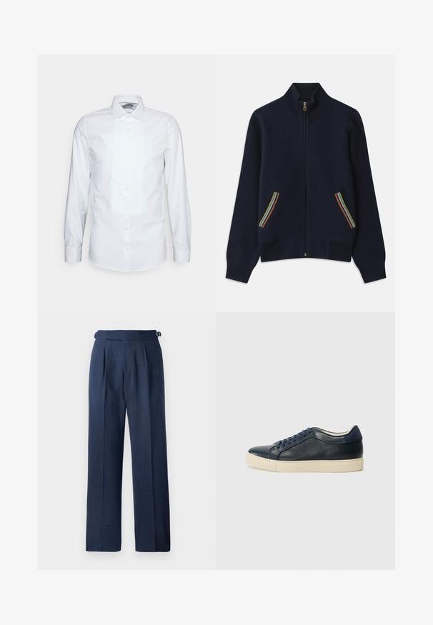 Tamsiai mėlynas zip-up megztinis su aukštu apykakle, turintis dvi kišenes, dekoruotas vaivorykštės spalvų juostomis ir auksiniu užtrauktuku. Minkšta tekstūra, atsipalaidavęs siluetas.; Balta ilgomis rankovėmis marškiniai, pagaminti iš medvilnės. Turi klostuotą priekį, smailų apykaklę ir klasikinį mygtukų uždarymą. Lygi tekstūra ir pritaikyta silueto forma.; Tamsiai mėlynos pritaikytos kelnės, pagamintos iš tekstūruoto audinio, su aukštu liemeniu, klostėmis ir reguliuojamomis šoninėmis dirželis, užtikrinančiais patogumą.; Tamsiai mėlynos odinės sportbačiai su kreminiu guminiu padu, turintys mėlynas raišteles ir lygų paviršių. Suapvalintas pirštas ir minimalistinis dizainas.