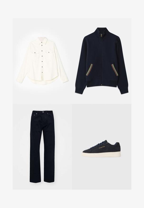 Navy zip-up sweater with a high collar, featuring two pockets adorned with rainbow stripes and a golden zipper. Soft texture, relaxed fit.; White button-up shirt with long sleeves, two chest pockets, black buttons, and a curved hemline. Made from a soft, textured fabric.; Black denim jeans with a straight-leg cut, featuring a button and zipper closure, five pockets, and tonal stitching.; Navy blue suede low-top sneaker with white sole, navy laces, and "Filling Pieces" logo in gold on the side.