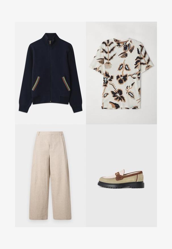Sweat à zip bleu marine avec un col montant, doté de deux poches ornées de rayures rainbow et d'une fermeture éclair dorée. Texture douce, coupe décontractée.; T-shirt à manches courtes en tissu doux, avec un fond crème orné de motifs floraux abstraits en noir, marron et bleu clair.; Holzweiler ALEX ONE PLEAT TROUSER - Pantalon classique - ecru; Loafer avec des panneaux en suède beige, rose clair et marron, accent en boucle en métal doré et semelle épaisse en caoutchouc noir avec un motif de crans.
