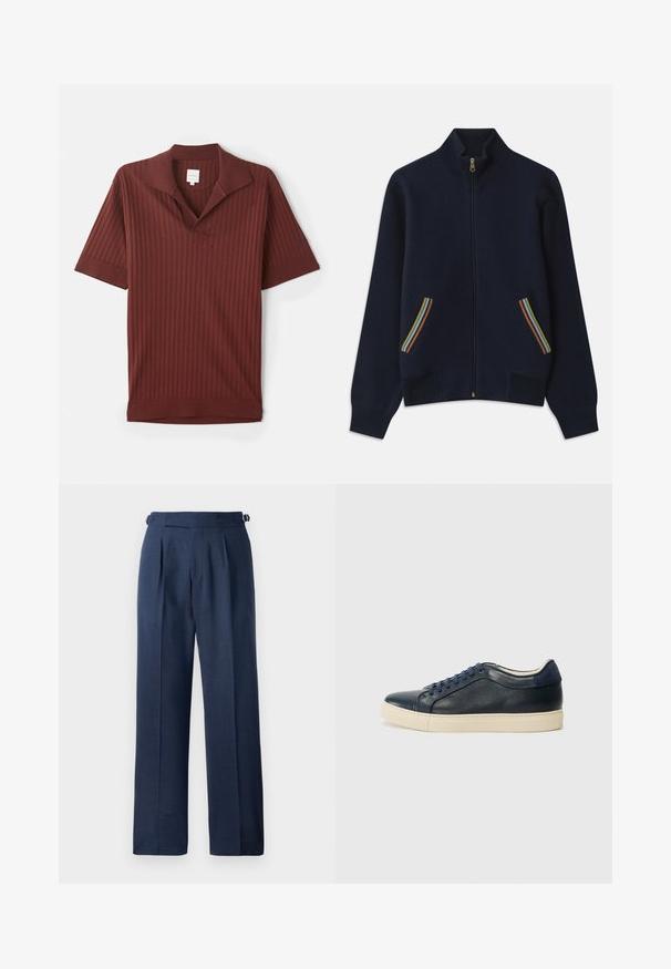 Tengerészes zipzáros pulóver magas gallérral, két zsebe szivárványcsíkokkal díszítve, aranyszínű cipzárral. Puha tapintású, laza fazon.; Burgundy színű pólóing bordás textúrával, rövid ujjal, hegyes gallérral és egy kis kék logóval a bal ujján.; Sötétkék, szabott nadrág, texturált anyagból készült, magas derékkal, redőkkel és állítható oldalszíjakkal a megfelelő illeszkedés érdekében.; Sötétkék bőr sportcipő krémszínű gumitalppal, kék fűzőkkel és sima textúrával. Lekerekített orr és minimalista design.