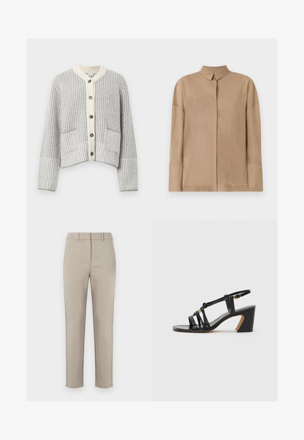 Hallide ja kreemjate toonide villa segu kardigan, millel on vertikaalne soonikmuster, kalasaba krae, kuus tumedat nuppu ja kaks esitaskut.; Beez värvi pika varrukaga särk kergest kangast, millel on klassikaline krae, peidetud nööbiplokk ja diskreetsed õmbluse detailid varrukatel.; MM by MaxMara EFFETTO - Püksid - sand; Paul Smith AMIRA - Klassikalised kontsakingad - black