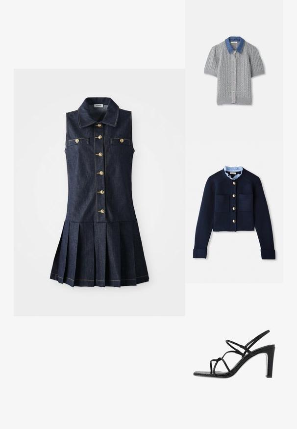 Marinefarbener, kurz geschnittener Cardigan mit zwei Fronttaschen, goldenen Knöpfen und einem hellblauen Rüschensaum. Aus geripptem Material gefertigt.; Jeanskleid mit Kragen, ärmellosem Design, goldenen Knöpfen vorne, zwei Brusttaschen und einem plissierten Rock aus dunkelblauem Stoff.; Graue gestrickte Kurzarm-Cardigan mit einem Zopfmuster, ausgestattet mit einem Denim-Kragen und fünf goldenen Knöpfen auf der Vorderseite.; Schwarze Absatzsandalen mit dünnen Riemen, strukturiertem Finish, offener Zehenpartie und einem eleganten, spitzen Absatzdesign. Verfügt über eine glatte Innensohle und eine glänzende Oberfläche.