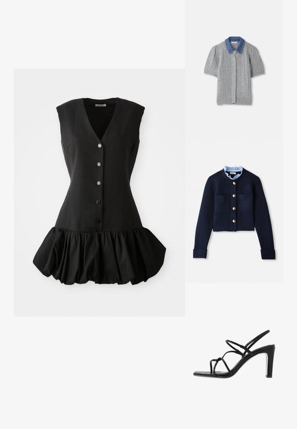 Cardigan court marine avec deux poches avant, boutons dorés et col froncé bleu clair. Fabriqué en matériau à texture côtelée.; Robe noire sans manches avec un décolleté en V plongeant, un devant à boutons et un ourlet à volants. Fabriquée en tissu lisse avec un corsage structuré et une texture douce.; Cardigan gris en tricot à manches courtes avec un motif en treillis, doté d'un col en denim et de cinq boutons dorés sur le devant.; Sandales noires à talons avec des fines lanières, une finition texturée, bout ouvert et un design de talon pointu et élégant. Équipées d'une semelle intérieure lisse et d'une surface brillante.