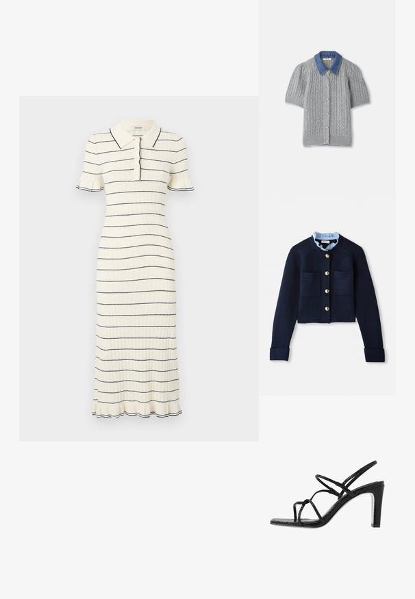 Marinefarbener, kurz geschnittener Cardigan mit zwei Fronttaschen, goldenen Knöpfen und einem hellblauen Rüschensaum. Aus geripptem Material gefertigt.; sandro ROBE MIDI COL POLO FINITIONS FRILL - Freizeitkleid - ecru; Graue gestrickte Kurzarm-Cardigan mit einem Zopfmuster, ausgestattet mit einem Denim-Kragen und fünf goldenen Knöpfen auf der Vorderseite.; Schwarze Absatzsandalen mit dünnen Riemen, strukturiertem Finish, offener Zehenpartie und einem eleganten, spitzen Absatzdesign. Verfügt über eine glatte Innensohle und eine glänzende Oberfläche.