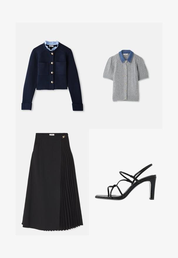 Marineblå cropped cardigan med to forlommer, guldfarvede knapper og en lyseblå flæsekrave. Fremstillet af ribbestrikket materiale.; Grå strikket kortærmet cardigan med et kabelmønster, som har en denimkrave og fem guldknapper foran.; Sort midikjole med plisseret design på den ene side, lavet af letvægtsstof med usynlig lynlås og sidelommer.; Sorte hælede sandaler med tynde stropper, en tekstureret overflade, åben tå og et slankt, spidst hældesign. Har en glat indersål og en skinnende overflade.