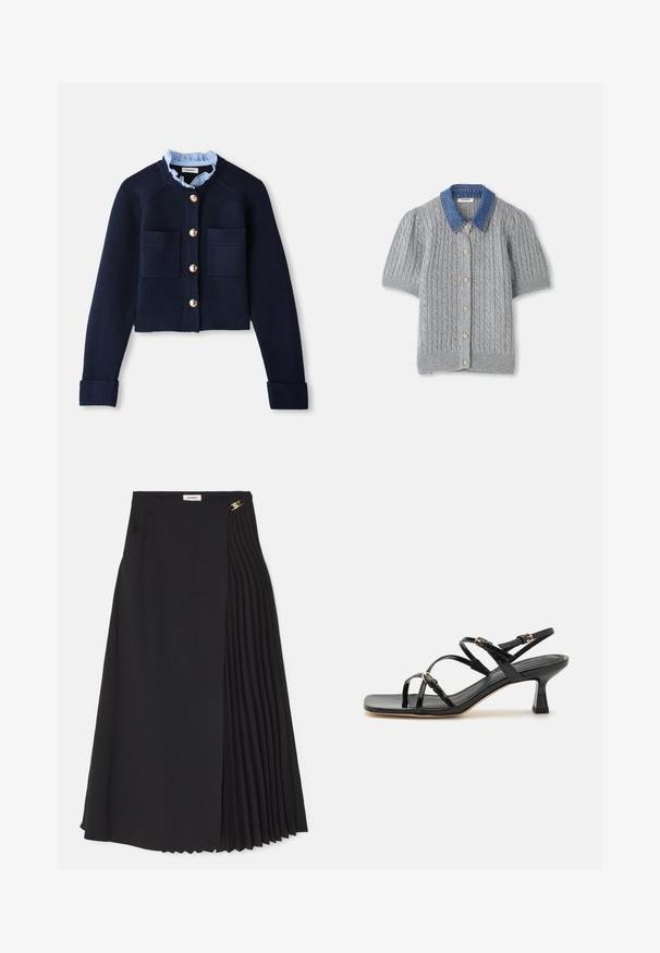 Navy cropped cardigan with two front pockets, gold buttons, and a light blue ruffled collar. Made of ribbed texture material.; Gray knitted short-sleeve cardigan with a cable pattern, featuring a denim collar and five gold buttons down the front.; Black midi skirt featuring a pleated design on one side, crafted from lightweight fabric with a concealed zipper and side pockets.; Black patent leather strappy sandals with a square toe and a low, block heel. Features gold-tone hardware and adjustable ankle straps.
