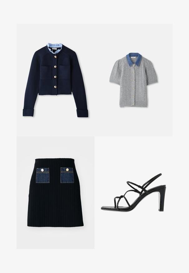 Cardigan croppato blu navy con due tasche frontali, bottoni dorati e colletto arricciato azzurro chiaro. Realizzato in materiale a coste.; Cardigan corto grigio a maniche corte lavorato a maglia con motivo a treccia, dotato di un colletto in denim e cinque bottoni dorati sul davanti.; Mini gonna nera a costine con vita aderente, caratterizzata da due tasche in denim blu applicate sul davanti con dettagli in metallo argentato.; Sandali neri con tacco alto, dotati di sottili cinturini, finitura testurizzata, punta aperta e un design elegante con tacco affusolato. Presentano una soletta morbida e una superficie lucida.