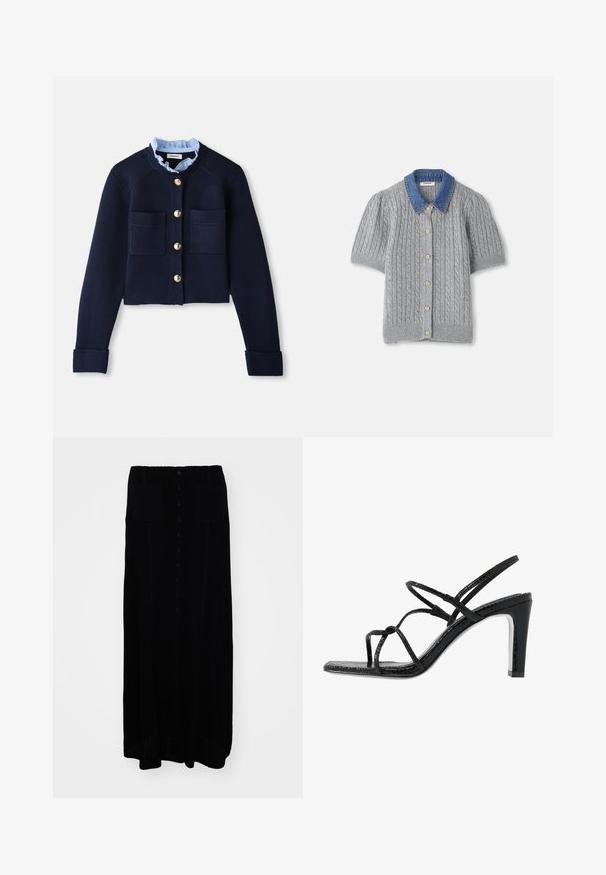 Cárdigan corto azul marino con dos bolsillos frontales, botones dorados y un cuello con volantes en azul claro. Fabricado en material de textura acanalada.; Cárdigan gris de punto y manga corta con un patrón de trenzas, que presenta un cuello de mezclilla y cinco botones dorados en la parte delantera.; Falda larga de punto negra con botones en la parte delantera, dos bolsillos frontales, un tejido texturizado y un corte recto.; Sandalias de tacón negro con cintas finas, un acabado texturizado, punta abierta y un diseño de tacón afilado y elegante. Presenta una plantilla suave y una superficie brillante.
