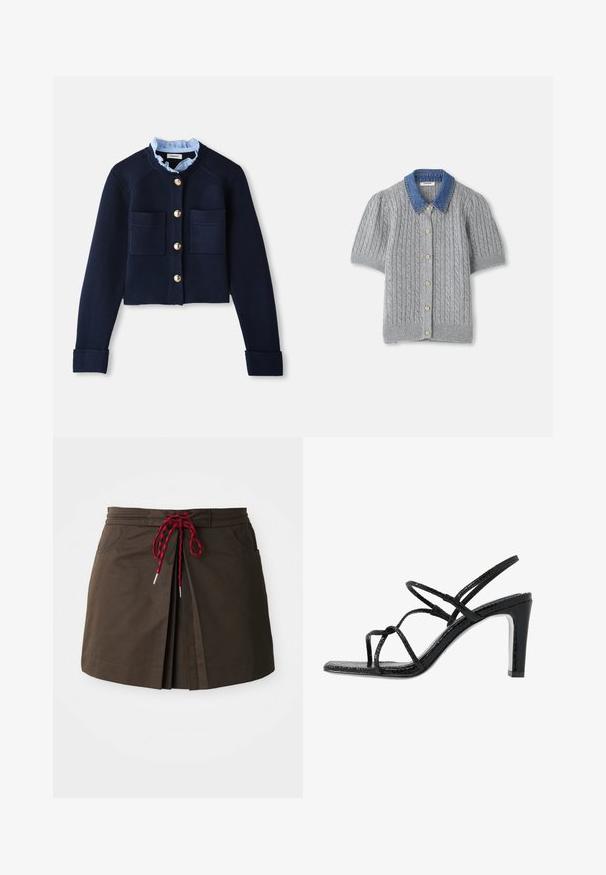 Marineblå cropped cardigan med to forlommer, guldfarvede knapper og en lyseblå flæsekrave. Fremstillet af ribbestrikket materiale.; Grå strikket kortærmet cardigan med et kabelmønster, som har en denimkrave og fem guldknapper foran.; Brun stofnederdel med plisseret design, rød og sort snørretalje og to frontlommer. Enkel og funktionel stil.; Sorte hælede sandaler med tynde stropper, en tekstureret overflade, åben tå og et slankt, spidst hældesign. Har en glat indersål og en skinnende overflade.