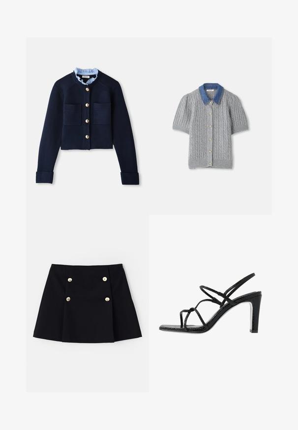 Cardigan court marine avec deux poches avant, boutons dorés et col froncé bleu clair. Fabriqué en matériau à texture côtelée.; Cardigan gris en tricot à manches courtes avec un motif en treillis, doté d'un col en denim et de cinq boutons dorés sur le devant.; Mini-jupe noire en tissu flexible, dotée de deux boutons dorés à l'avant, d'un design plissé et d'un ourlet droit.; Sandales noires à talons avec des fines lanières, une finition texturée, bout ouvert et un design de talon pointu et élégant. Équipées d'une semelle intérieure lisse et d'une surface brillante.