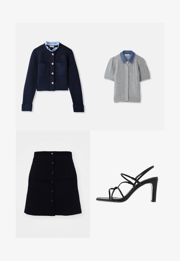 Ναυτικό κοντό καρδινάλιο με δύο μπροστινές τσέπες, χρυσά κουμπιά και ελαφριά ριγέ κολάρο. Φτιαγμένο από υλικό ριμπ.; Γκρι πλεκτό κοντομάνικο κάρντιγκαν με σχέδιο καλωδίων, που διαθέτει τζιν γιακά και πέντε χρυσά κουμπιά μπροστά.; sandro JUPE TRAPEZE POCHES  - Φούστα σε γραμμή Α - noir; Μαύρες ψηλοτάκουνες σανδάλες με λεπτές λωρίδες, υφή, ανοιχτή μύτη και κομψό, μυτερό σχέδιο τακουνιού. Διαθέτουν λείο πέλμα και γυαλιστερή επιφάνεια.