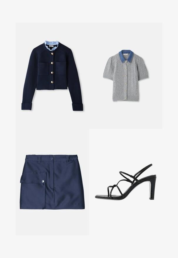Navy cropped cardigan dengan dua kantong depan, kancing emas, dan kerah berkelah light blue. Terbuat dari bahan tekstur ribbed.; Harmaa neulottu lyhythihainen kardigan, jossa on kaapelikuvio, denimikaulus ja viisi kultanappia edessä.; Laivansinis hame, jonka pinta on sileä. Sivuponnistus ja napitus. Muotoiltu malli, jossa on suora leikkaus ja vyötärönauha.; Mustat korkokengät avonaisilla varpailla, ohuilla remmeillä, teksturoidulla pinnalla ja tyylikkäällä, teräväkärkisellä korolla. Sisältää sileän sisäpohjan ja kiiltävän pinnan.