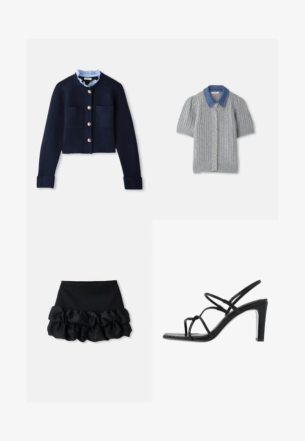 Cardigan croppato blu navy con due tasche frontali, bottoni dorati e colletto arricciato azzurro chiaro. Realizzato in materiale a coste.; Cardigan corto grigio a maniche corte lavorato a maglia con motivo a treccia, dotato di un colletto in denim e cinque bottoni dorati sul davanti.; Gonna mini nera con una parte superiore aderente e tre strati di tessuto arricciato nella parte inferiore, con una consistenza liscia e linee pulite.; Sandali neri con tacco alto, dotati di sottili cinturini, finitura testurizzata, punta aperta e un design elegante con tacco affusolato. Presentano una soletta morbida e una superficie lucida.